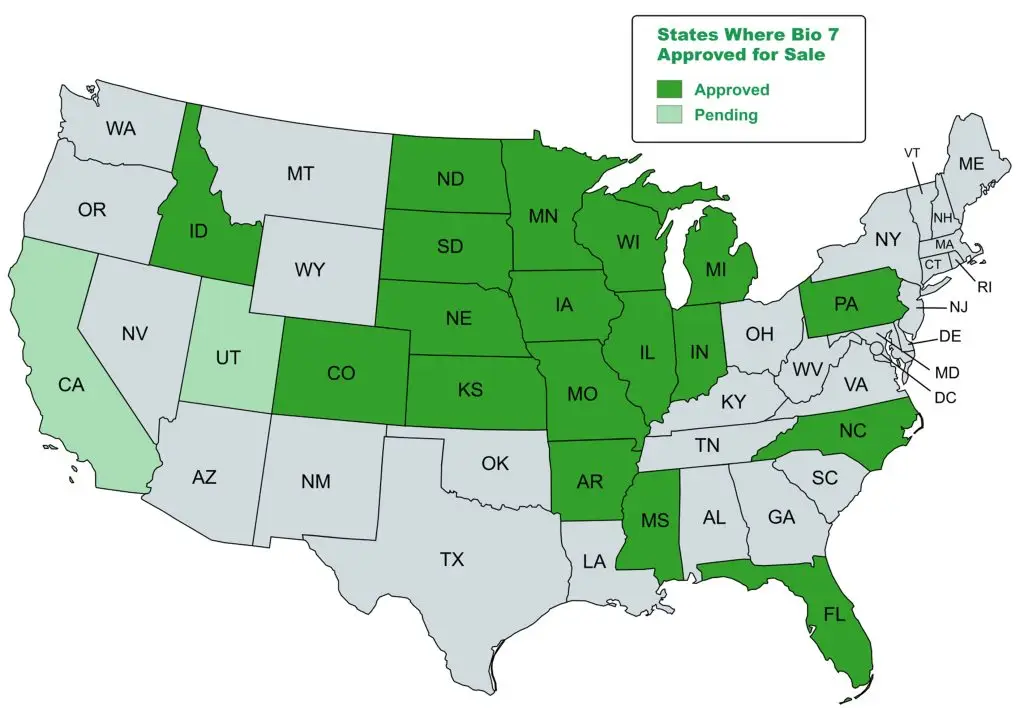 A map of the USA showing states where AL-Bio7 is approved or pending for sale